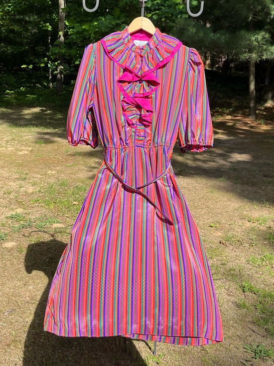 Sears Dresses & Skirts - 70s Sears Colorful Striped Circus Clown Ruffle Collar Midi Dress Size 14 Retro